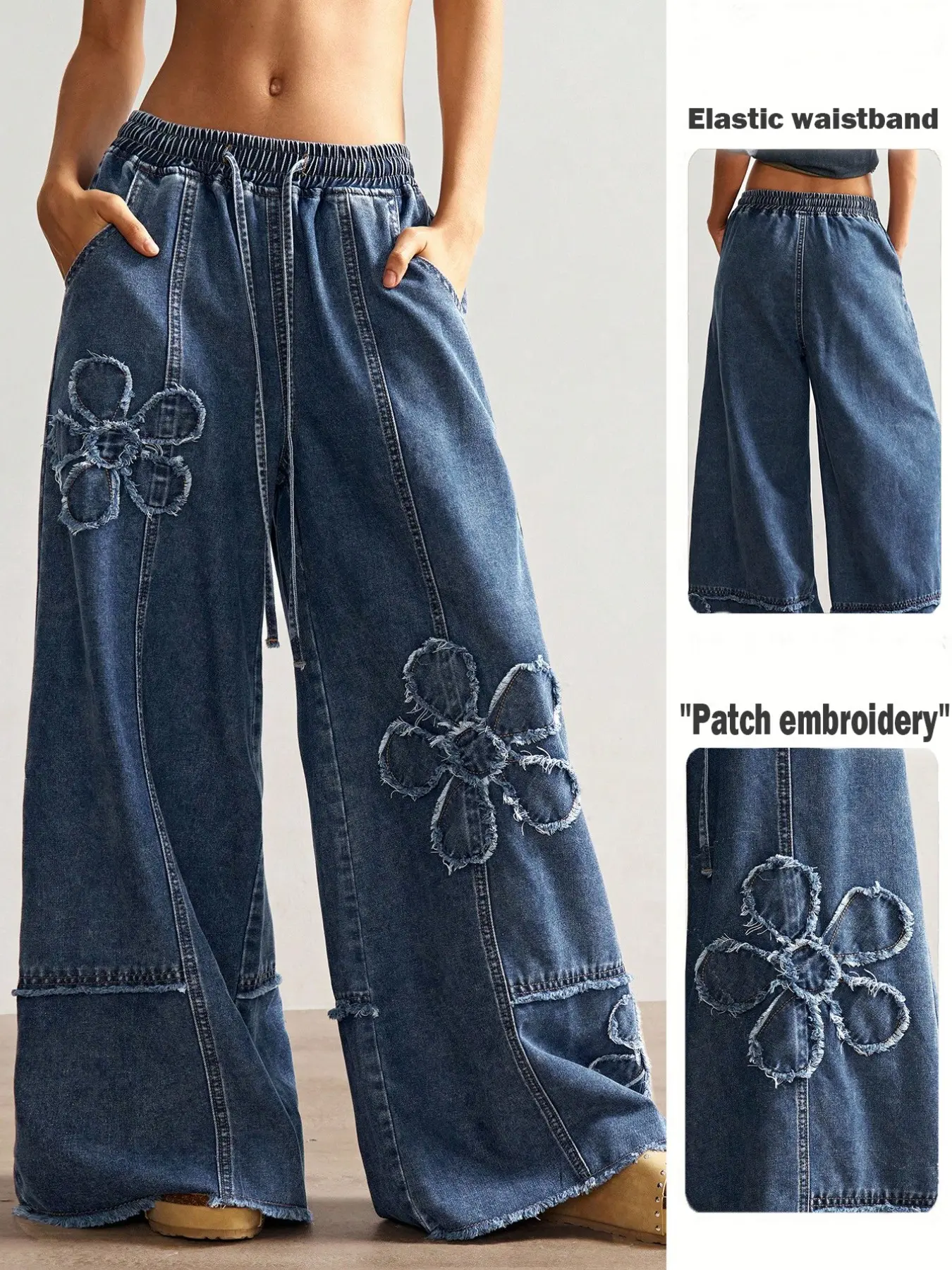 Boho Style Women's Casual Solid Wide Leg Jeans with Elastic Waistband, Baggy Loose Fit Denim Jeans with Embroidery Pattern, Comfortable and Stylish Bohemian Everyday Wear