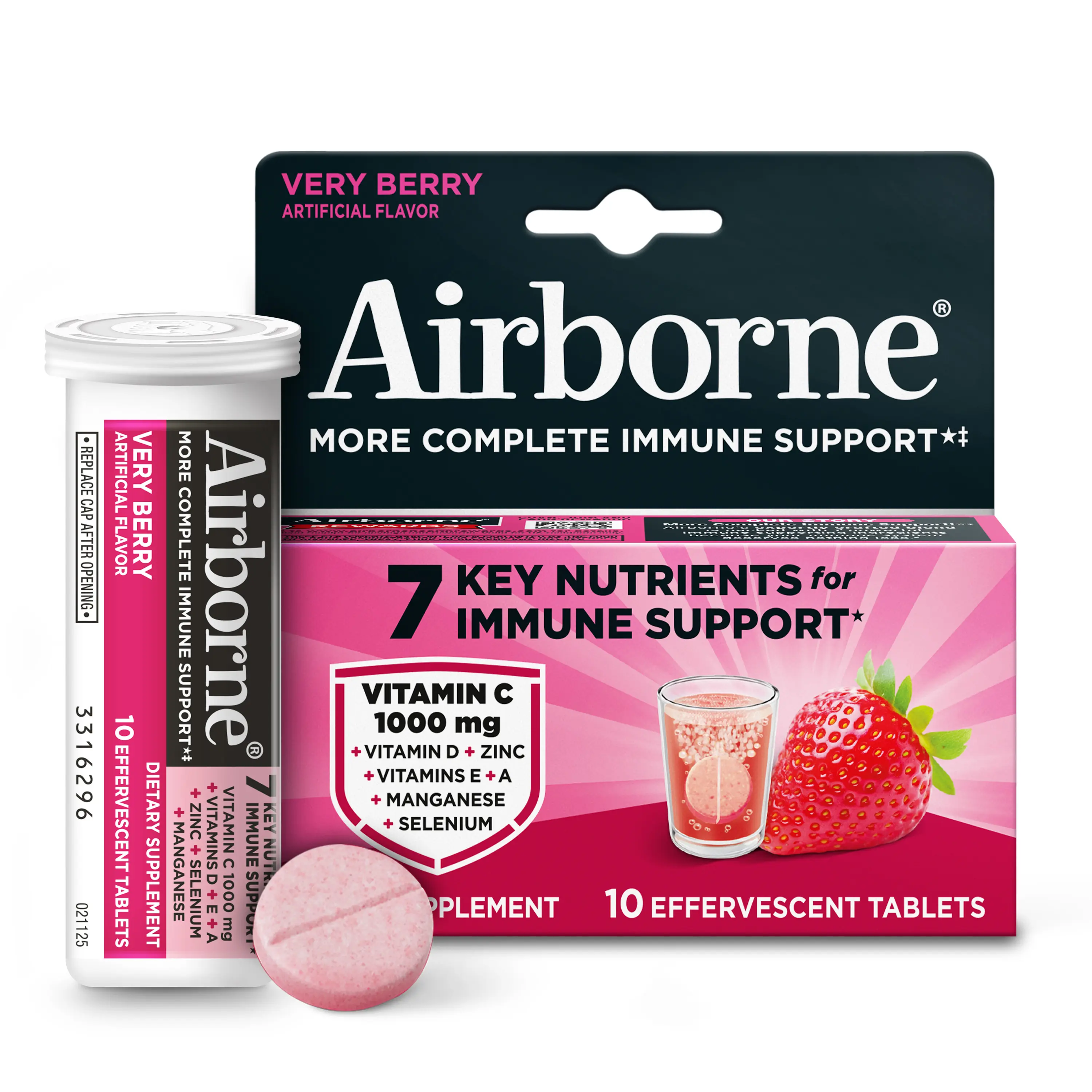 Airborne Immune Support Effervescent Tablets, Very Berry Flavor - 10ct with 1000mg Vitamin C + Vitamins A, D, E, Zinc, Selenium, Manganese & Herbal Blend - Sugar‑Free, Gluten‑Free