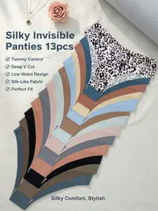 Elegant Silky Invisible Women's Panties with Deep V & Low Waist 13pcs Valentine's Day Gift Set for Daily Home Wear & Fitness Yoga Tummy Control Underwear Womenswear Fabric Smooth Elegance Everyday Style