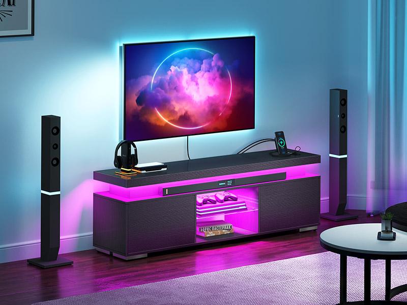 DWVO Black TV Stand with LED Lights and Power Outlet, Modern Entertainment Center for 55/60/65 Inch, Media Console Table TV Cabinet with Storage, Universal TV Stand for Living Room