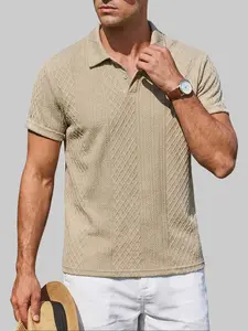 ZAFUL Men's Solid Color Geometric Jacquard Textured Polo Collar Half Buttoned Short Sleeves T-shirt Casual Classic Menswear linen outfits