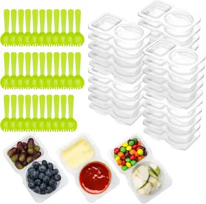 64 Pcs Reusable Snack Containers, 32 Sets Condiment Container and 32 Spoon, Double Compartment Dipping Containers with Lids, Portion Control, Outdoor Takeaway Sauce Dip Case, BPA-Free, Microwave Safe