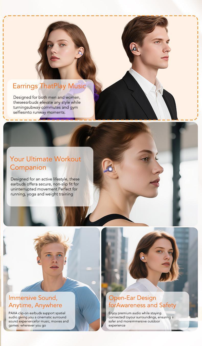 [Valentine's Day] Tukio 2026 M100 Fashion Clip-On Earphones, featuring interchangeable earring accessories, an audio-visual touchscreen, and wireless audio transmission technology. Equipped with Bluetooth 6.0 for faster and more stable connections
