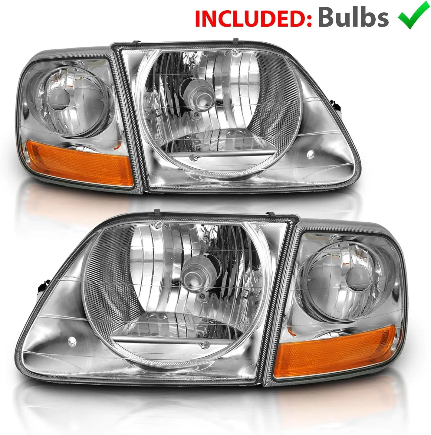 AmeriLite for 1997-2003 Ford F150 Harley Lightning Crystal Chrome Replacement Halogen Headlights with Corner Parking Set - Driver and Passenger