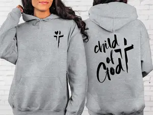 Child Of God Hoodie - Grey Cotton Religiously Inspired Hoodie with Jesus Design and "Child of God" Text