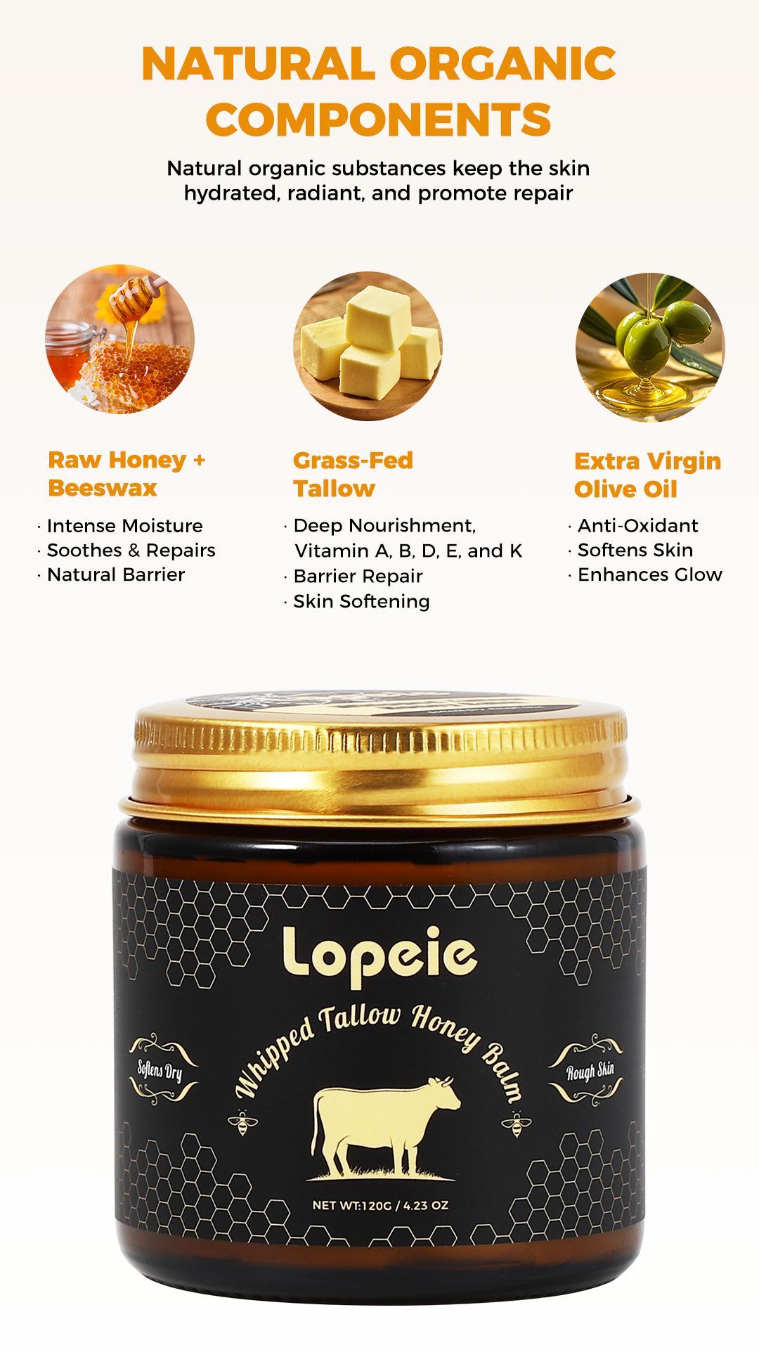 Lopeie Whipped Grass-Fed Beef Tallow Honey Balm - 4 Oz, Ultra Hydrating Skin Cream, All-Natural Handmade Moisturizer, Nourish Dry Skin for Soft Smooth Luminous Skin, Available in Lavender & Unscented