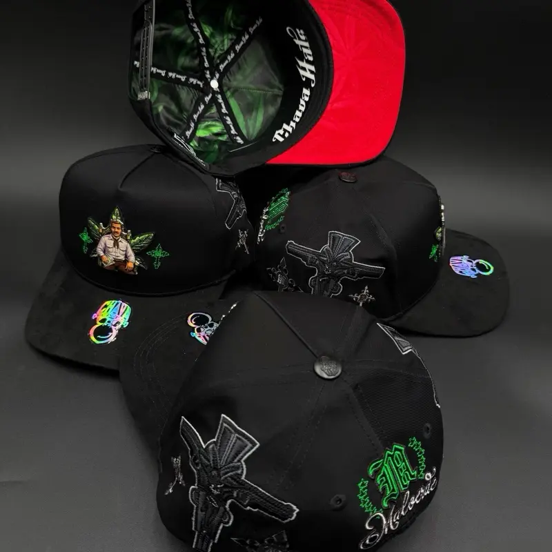 Jesús Malverde Chava Hats - Black with Green Embroidery and Cross Design