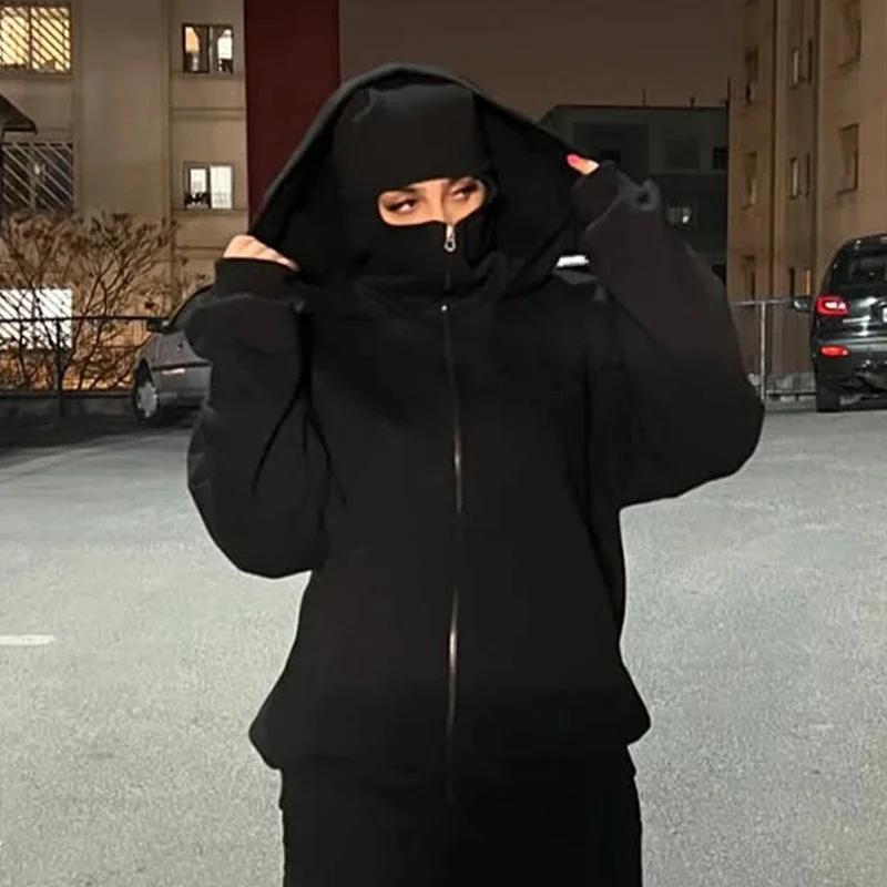 2025 男士长袖巴拉克拉法帽连帽衫 - 拉链双层设计，休闲风格，舒适贴合，嘻哈 Y2K 时尚卫衣（男女通用款），sohochic