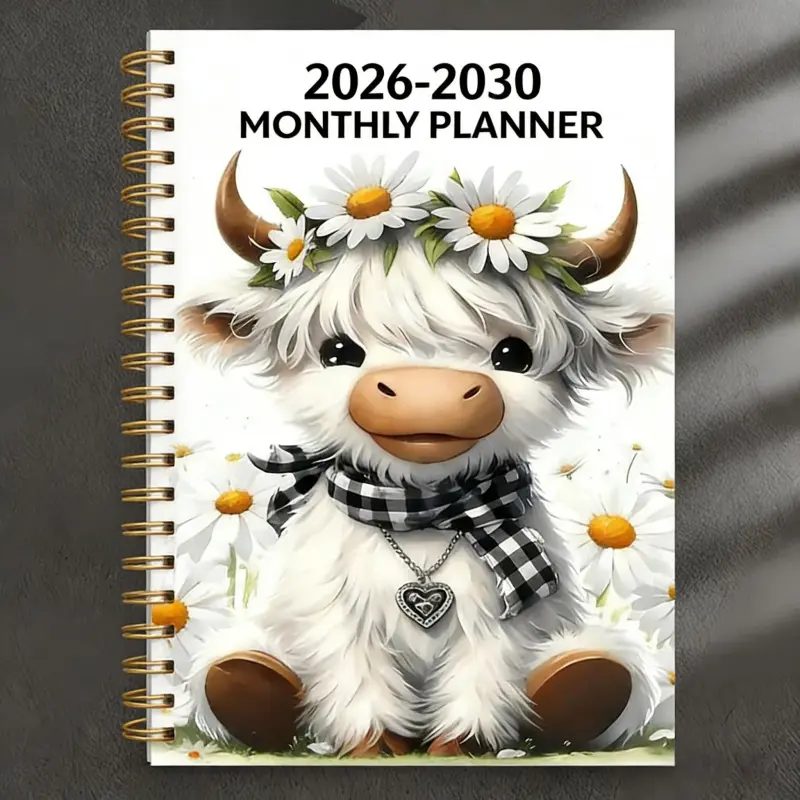 2026-2030 Calendar - From January 2026 to December 2030, 5-year calendar, cartoon Highland cow themed cover design, annual calendar planning, month labels, 60-month calendar, 13.97 cm X 21.08 cm, Planner Notebook, Monthly Planner, Yearly Planner