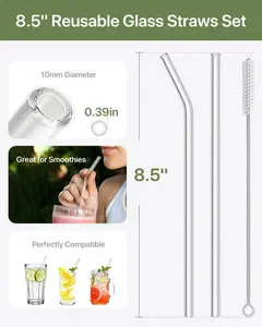 18-Pack Glass Straws, Reusable Clear Glass Drinking Straws Set, 8.5 Inch x 10mm - Includes 8 Straight and 6 Bent with 4 Straw Cleaner Brush, Perfect for Smoothies, Milkshakes, Juice, Tea