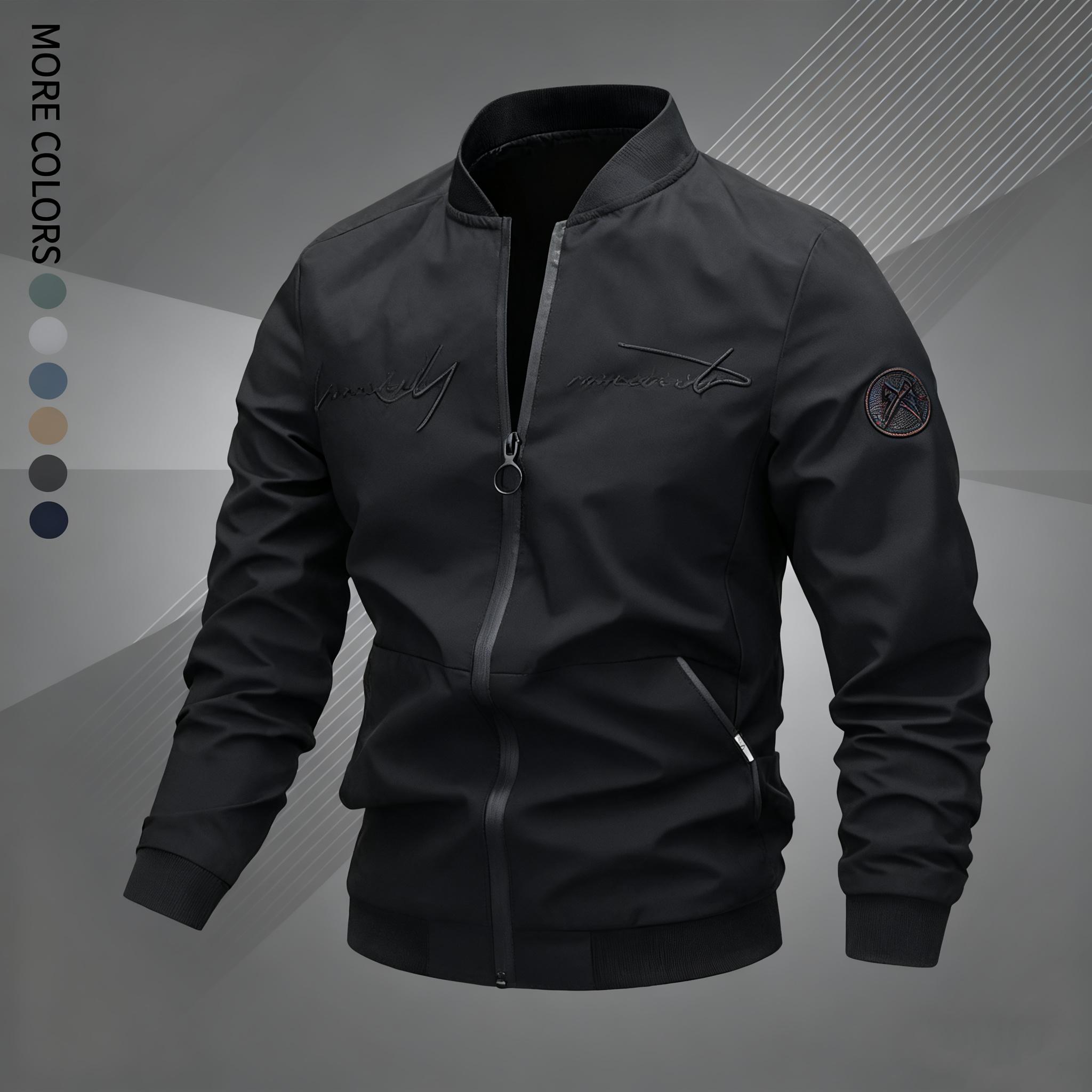 Men's Regular Fit Letter Embroidered Zip Up Pilot Jacket, Autumn Winter Casual Long Sleeve Windproof Baseball Collar Coat, Men's Everyday Wear, Men's Jacket, Black Casual Outdoor Jacket, Suitable for Work, Travel, and Daily Use Machine Washable Polyeste S