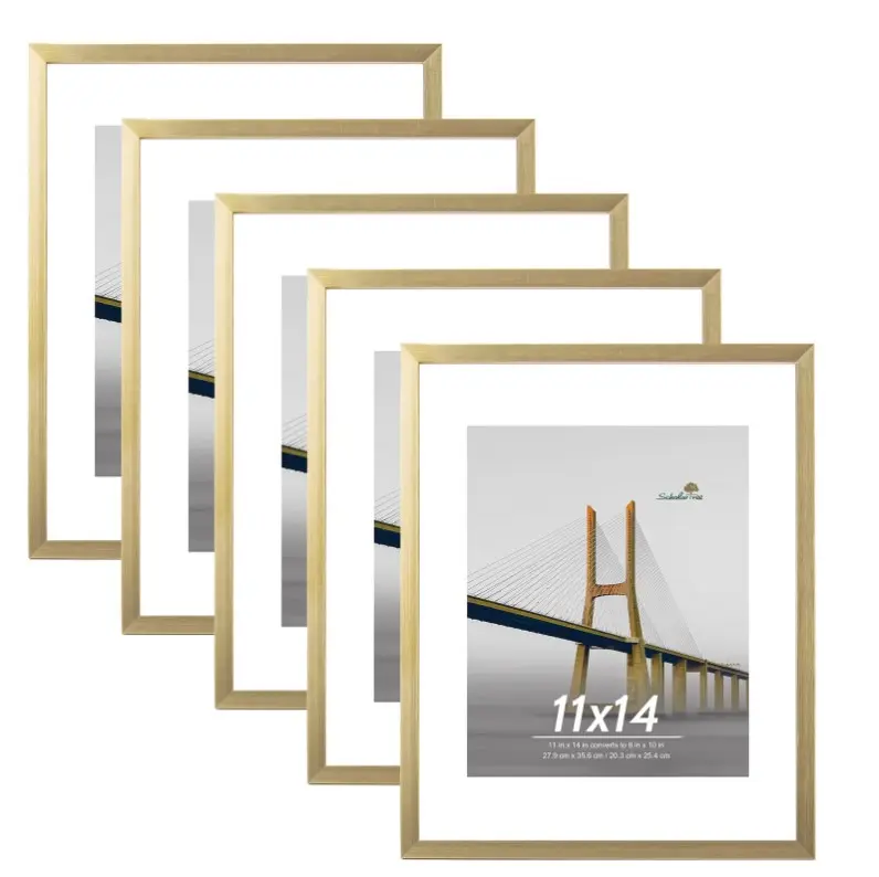 Scholartree 5-Pack Picture Frames, 8x10 with Mat & 11x14 Without Mat, Shatter-Safe Wall Gallery Set,Gold