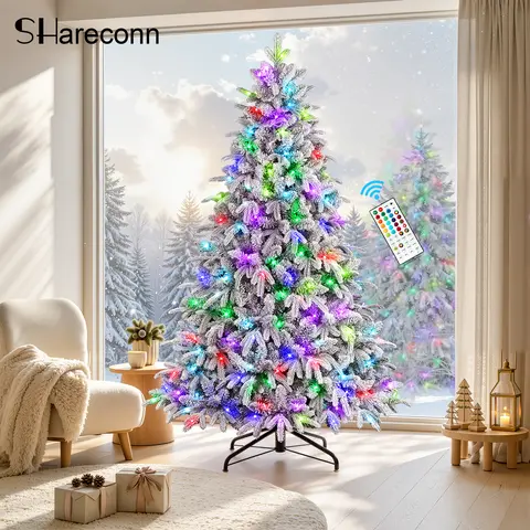【RGB Lights 】SHareconn 4.5/5.5/6.5/7.5/8/9 FT Pre-Lit Snow Flocked PE+PVC Cedar Christmas Tree, Classic Americana Christmas Tree Scene, Eco-Friendly, Multi-Color RGB Lights, Remote Control, Deluxe Hinged Design, AC Power Supply, Ideal Holiday Decoration