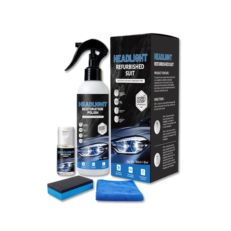 Car Headlight Refurbishing and Restoration Kit, Odorless Safe Formula with 180ml Spray and 10ml Protection Liquid, Easy Application without Disassembling for Yellowed Blurry Headlight Maintenance, Daily Commute Essential, Headlight Polishing Agent, Surfac
