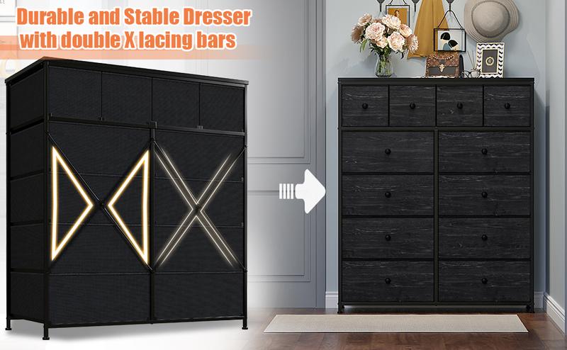 Raybee Furniture Dresser For Bedroom With 12 Drawers, Tall Dressers For Bedroom Black Dressers & Chests Of Drawers For Closet, Living Room, Wood Top, Metal Frame