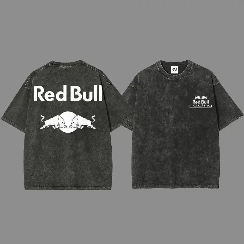 Red Bull Racing F1 Team Logo Washed & Classic Graphic T-Shirt, Motorsport Enthusiast Short Sleeve, Casual Streetwear Tee, Unisex Cotton Top, Black  & White & Vintage Washed Styles