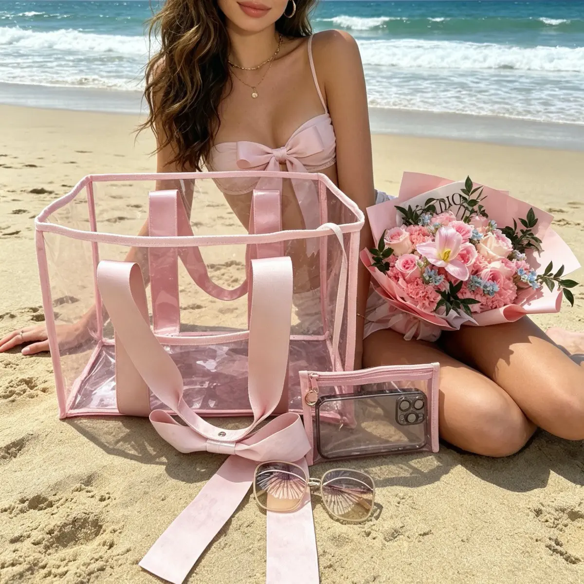 BagstellarBeach Bag for Women Clear IridescentZipper Pool Swim Beach PVC Tote Bag w/Makeup Bag& Waterproof Phone Pouch Summer Essentials forSports Events Concert Beach Work Swimming poolEaster Basket Organiser