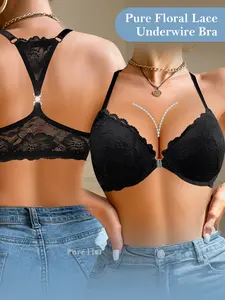 Women’s Lace Front Closure Underwire Push-Up Bra - Adjustable Straps, Solid Color Skin-Fit, Lace Back Panel | Valentine's Day Gift, Bridal, Evening Gowns & Everyday Wear