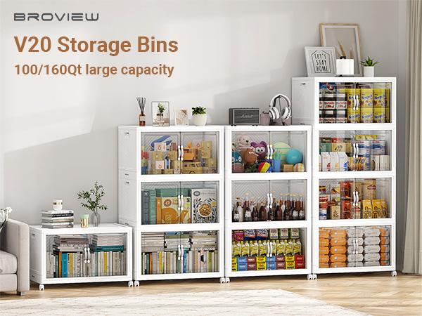 Broview V20 300QT/400QT/640QT Extra Large Stackable Storage Bins, Clear Plastic Closet Organizer Cabinet with Lid and Wheels, Collapsible Latch Boxes Folding Drawer with Door for Home Kitchen Room Organization Broview V20 300QT/400QT/640QT Extra Large Stackable Storage Bins, Clear Plastic Closet Organizer Cabinet with Lid and Wheels, Collapsible Latch Boxes Folding Drawer with Door for Home Kitchen Room Organization