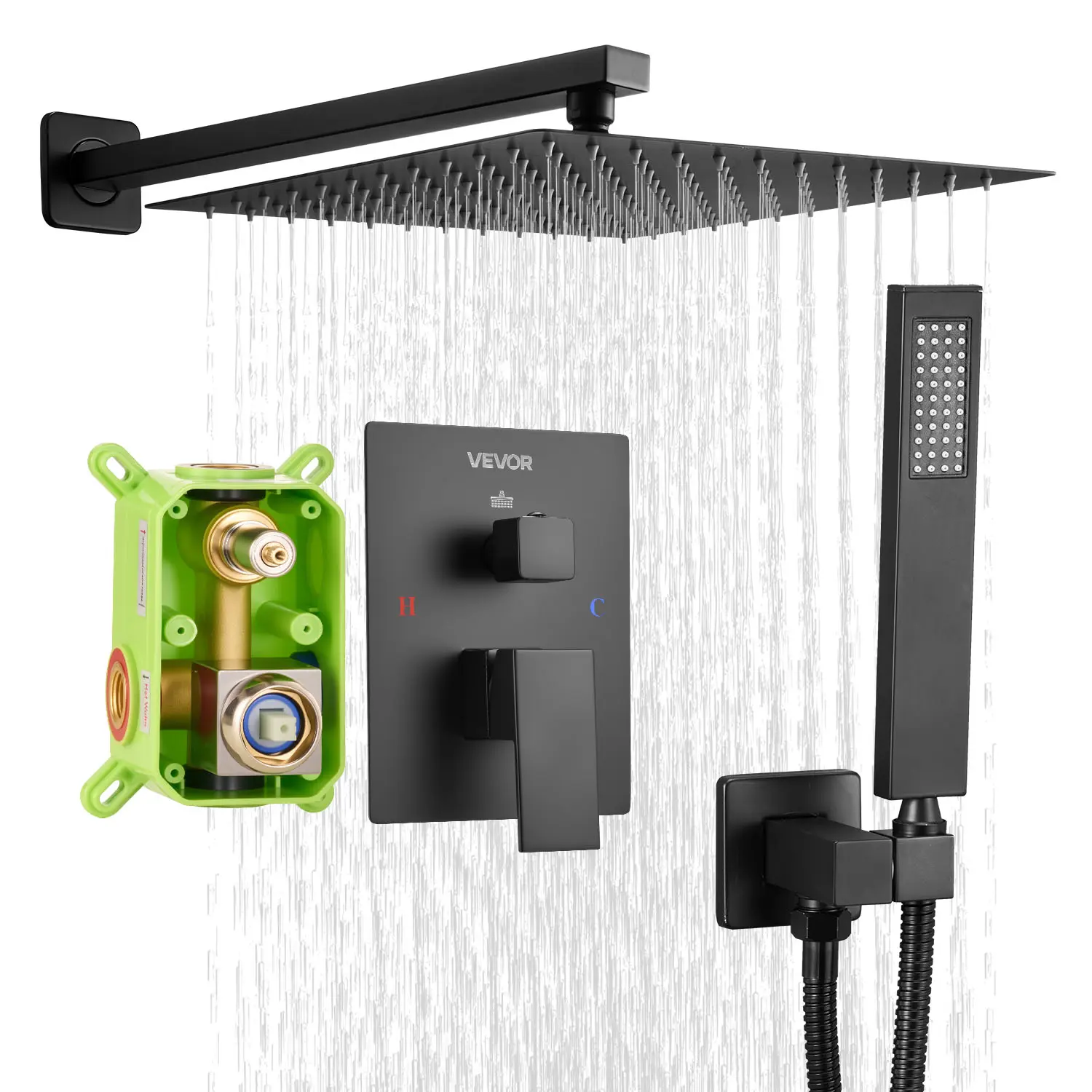 【Summerfinds】VEVOR Shower Faucet Set,Rainfall Bathroom Shower System with 12-Inch Square Rain Shower Head and Handheld SprayWall Mounted Bath Fixtures with Brass Valve and Trim KitMatte Black