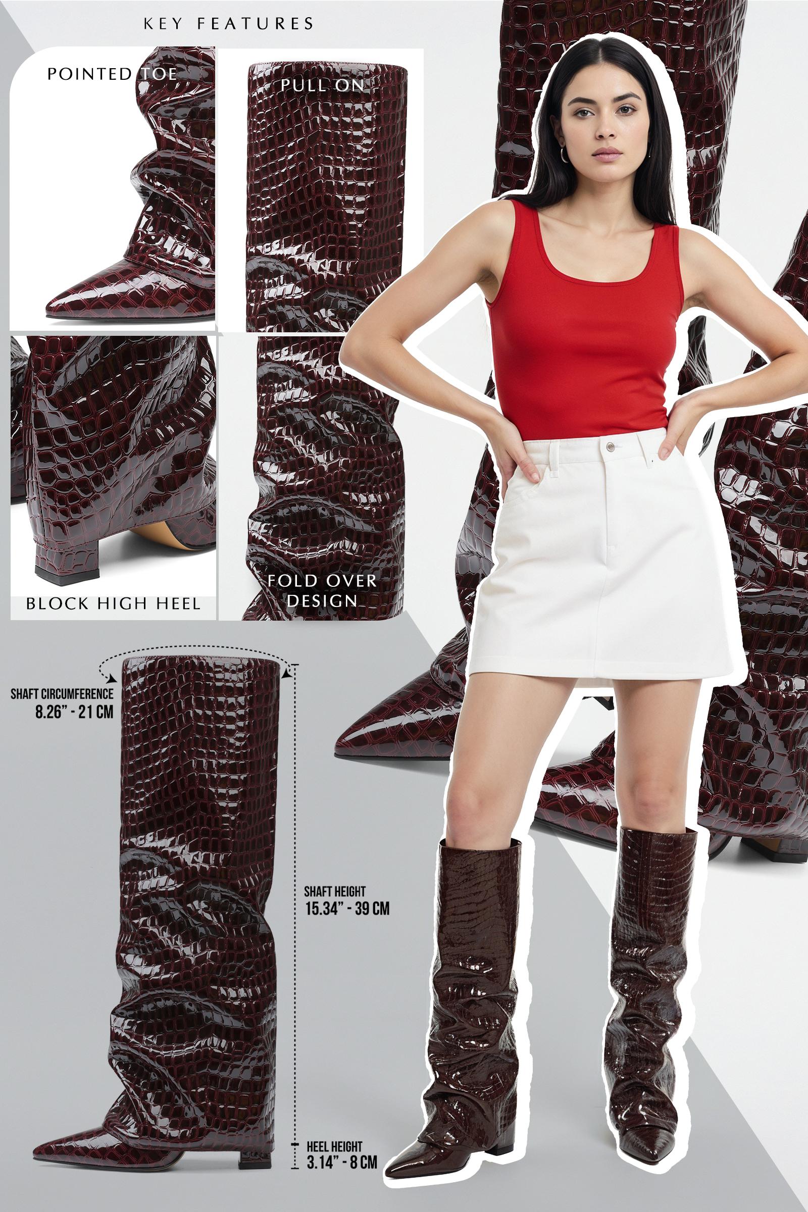 VIMISAOI Fold Over Boots for Women Knee High Boots Block High Heel Almond Pointed Toe Boots Pull on Wide Calf Summer Boots For Women