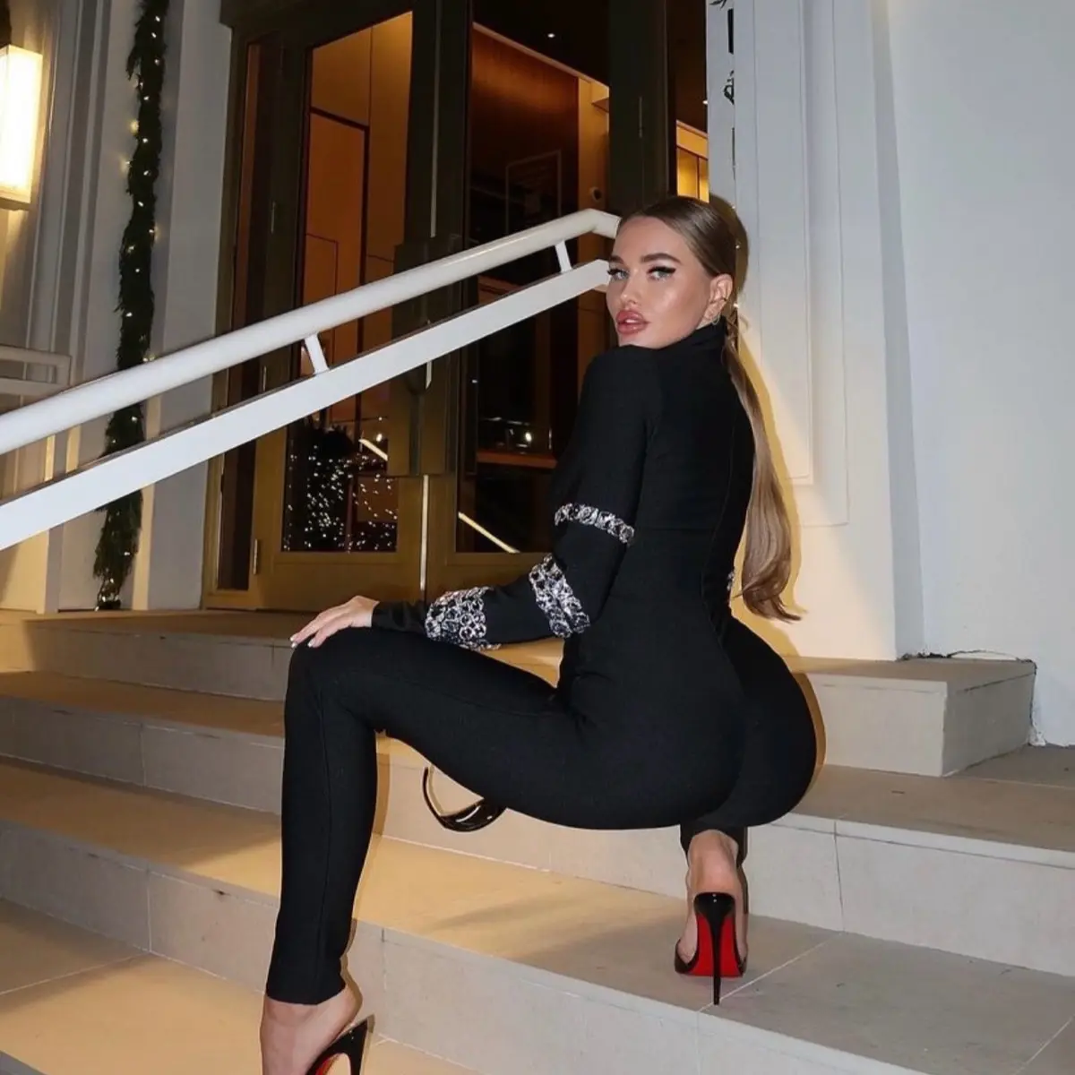 Holiday Glow Bandage Turtle Neck Jumpsuit with Stone - Perfect for Parties, Sexy and Stretchy
