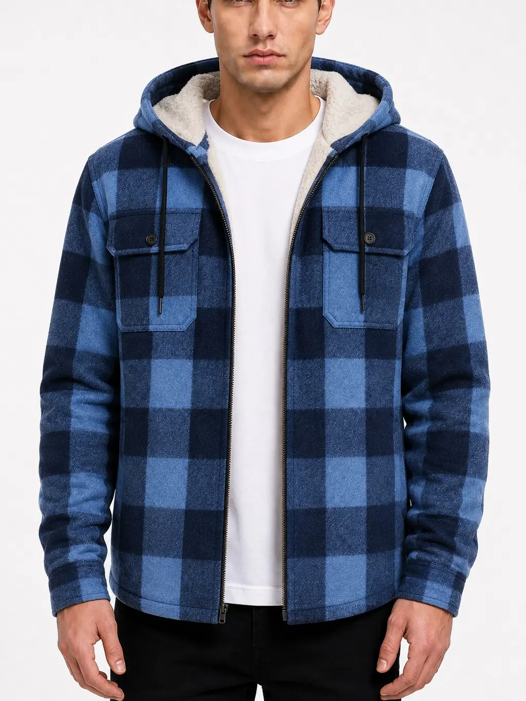 ZITY Men's Plaid Polyester Sherpa-Lined Flannel Zip-Up Hoodie - Long-Sleeve Top with Storage Pockets, Cozy Warm Winter Layer, Fashion Casual Clothing, Men's Tops, Sweatshirt