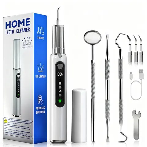Metal Rechargeable Electric Teeth Cleaning Kit - LED Light, Type-C USB Cable, 5 Modes, Auto Shut-Off, Oral Irrigator, Plaque & Tartar Remover, Replacement Heads, Manual Auxiliary Tools, Beginner Friendly for Youth Home Use Back to School