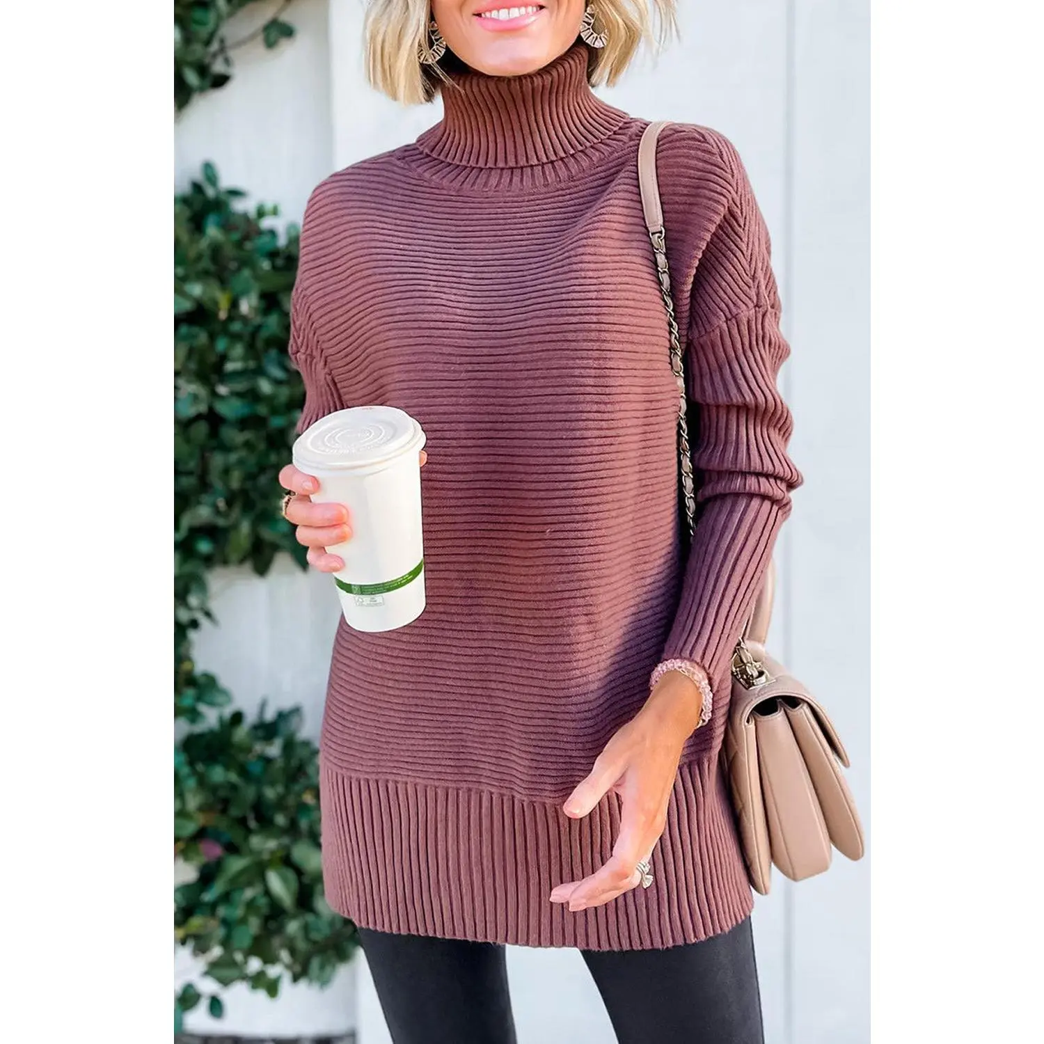 Mineral Red Turtleneck Ribbed Knit Tunic Sweater