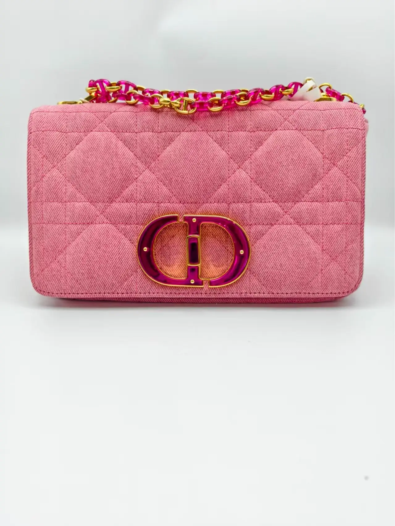 Pre-owned Dior Caro Bag in Pink Denim with Cannage Quilting, Two Tone CD Hardware & Chain Strap Coquette Style Essential for Fashion Lovers!