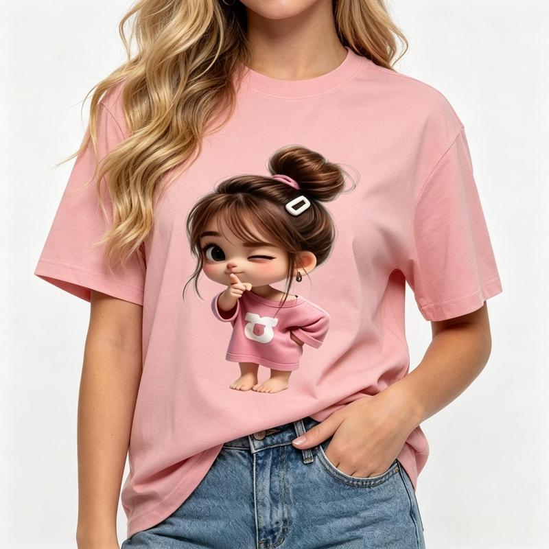 Women's Oversized Light Pink T-Shirt - Cute Cartoon Girl Graphic, Messy Bun Art, Shhh Finger Winking Print, Short Sleeve, Kawaii Look, Lightweight, Crew Neck, Y2K Aesthetic Streetwear Summer Casual Top