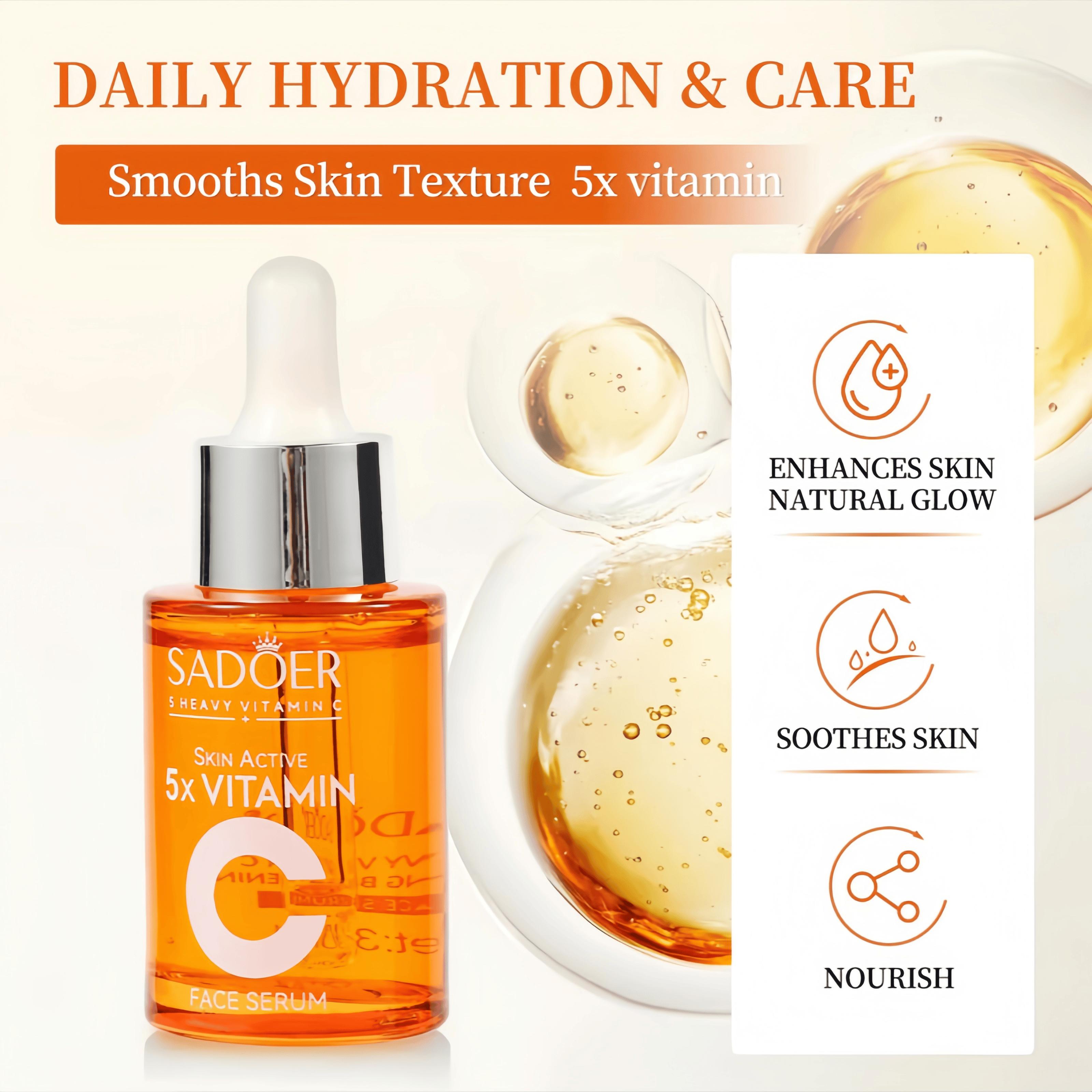 【BUY 1 GET 2 FREE】5X Vitamin C Face Serum, 5 in 1 Active VC+,Skincare for Brightening, Moisturizing, Pore Care-Hydration & Nourishing Facial Essence, Gift for Women (30ml) Dropper-New Year Gift
