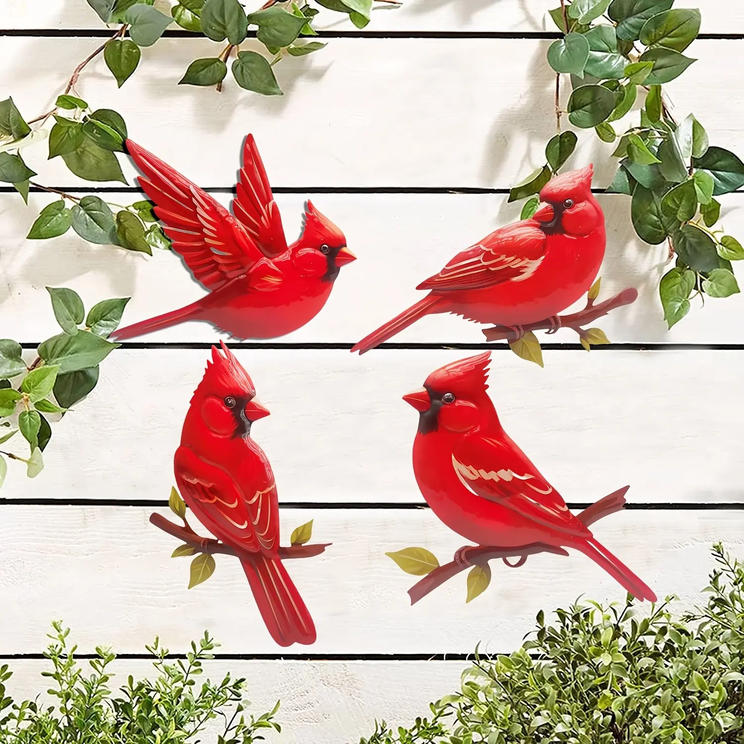 4 Pack Cardinal Metal Wall Art, Iron Birds Outdoor Sculptures, Indoor/Outdoor Decor, Handmade Bird, Whimsical Fence & Garden Decor for Living Room