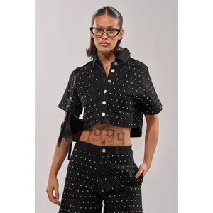 ITS GIVING DENIM RHINESTONE BUTTON DOWN