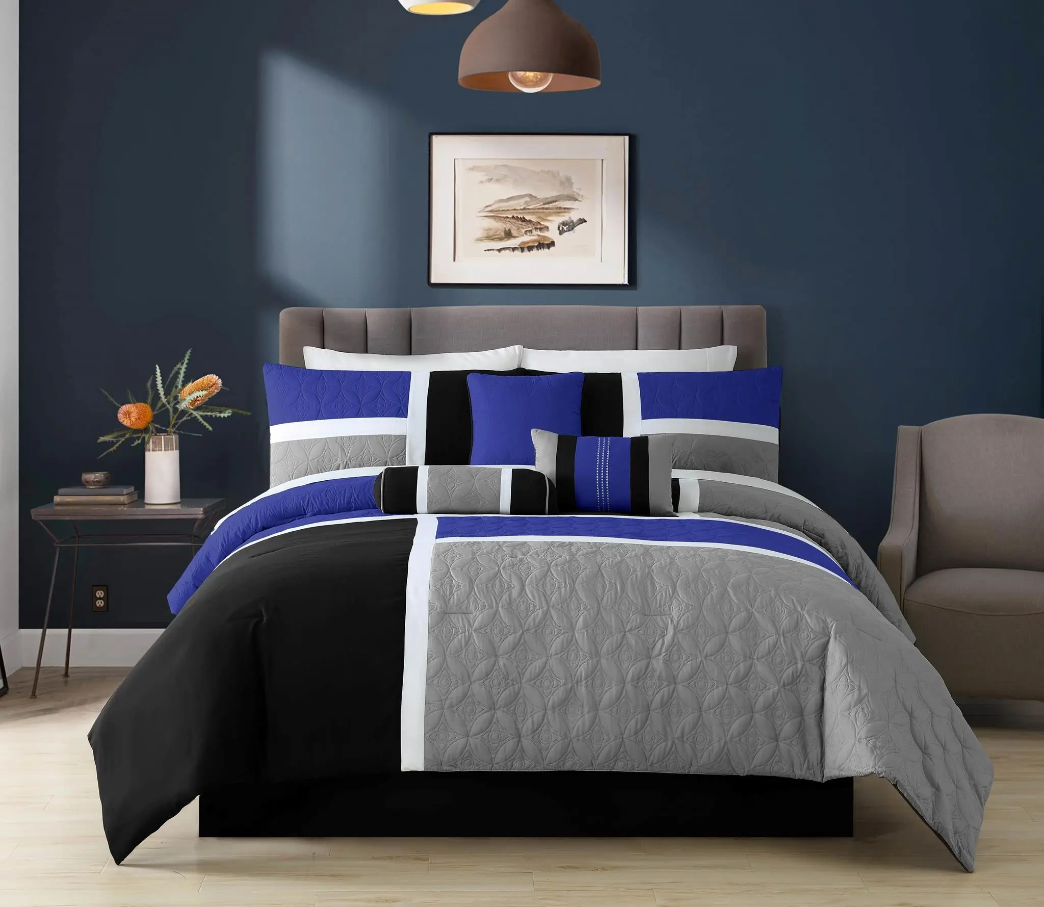 CHEZMOI COLLECTION Upland 7-Piece Quilted Patchwork Comforter Set Luxurious Medallion Pattern Lightweight Year Round Use