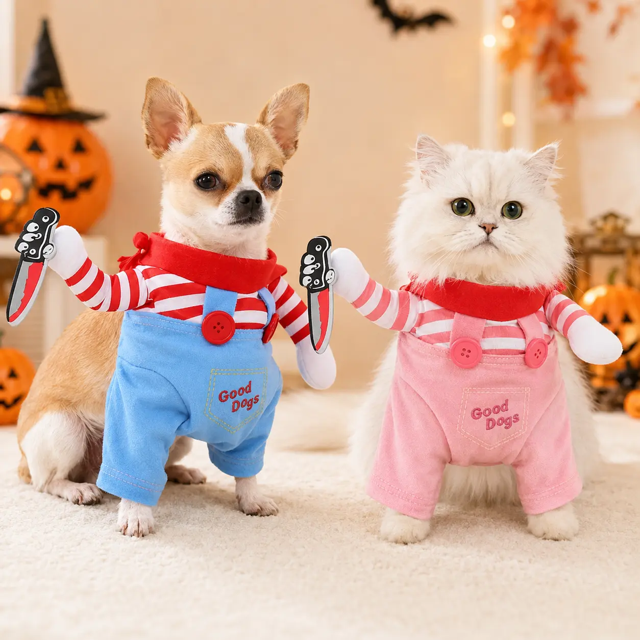 Funny Halloween Dog Costume with Soft Toy Prop, Comical Doll Cosplay Outfit for Small Medium Dogs and Cats, Adjustable Pet Party Clothing for Puppies, Chihuahua, Poodle and Corgi, Red Blue or Pink, Sizes XS-L, for Photos and Trick or Treat, Striped Shirt