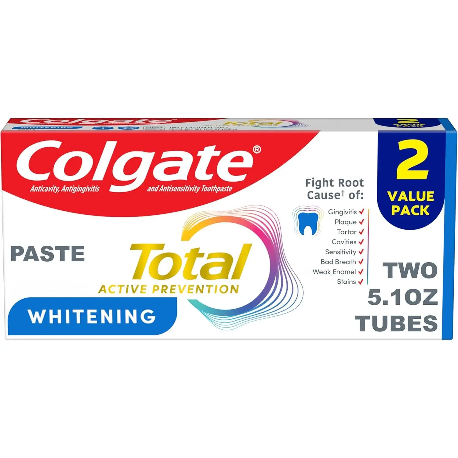 Colgate Total Mint Flavor Toothpaste 2-Pack (5.1 oz Each) - Enamel-Safe, Oral Whitening, Fluoride, Healthy Gums Duo Pack Toothpastes for Plaque, Gingivitis, Sensitivity, Stain Removal, Daily Oral Care, Enamel-Safe Whitening Toothpastes