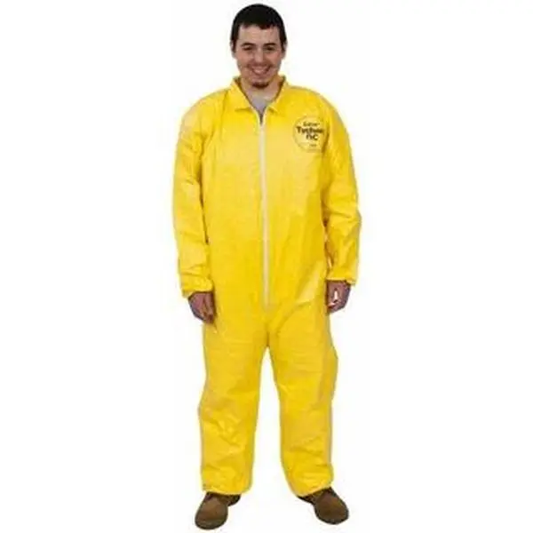 DuPont PE Film Chemical Resistant Workwear Coveralls (Size L, Yellow) - 12 Qty, 1 Pack, Zipper Closure, Elastic Cuffs, Elastic Ankles, Serged Seams, Model QC125SYLLG00120