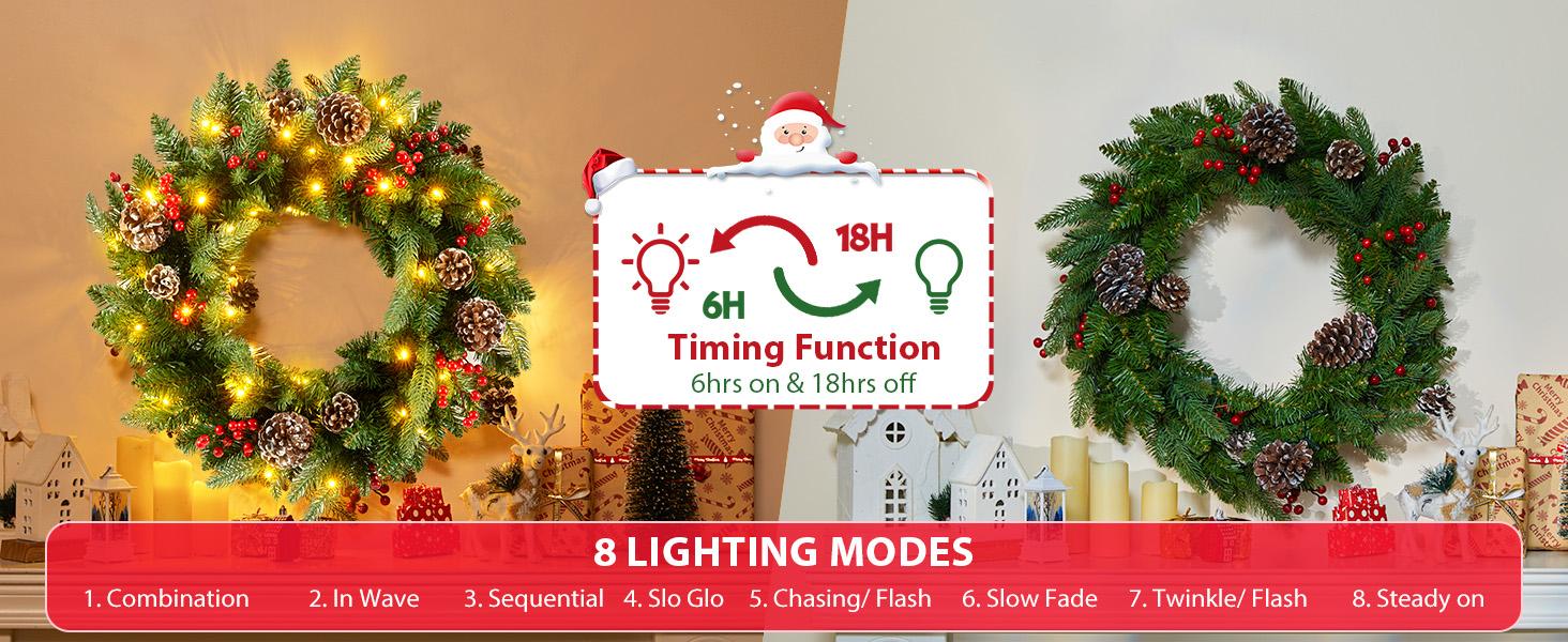 24 Inch Prelit Christmas Wreath, Artificial Christmas Wreath for Front Door with LED Lights, Pine Cones, Pine Needles, and Red Berries, Reef for Door Window Mantel Indoor/Outdoor Home Decoration