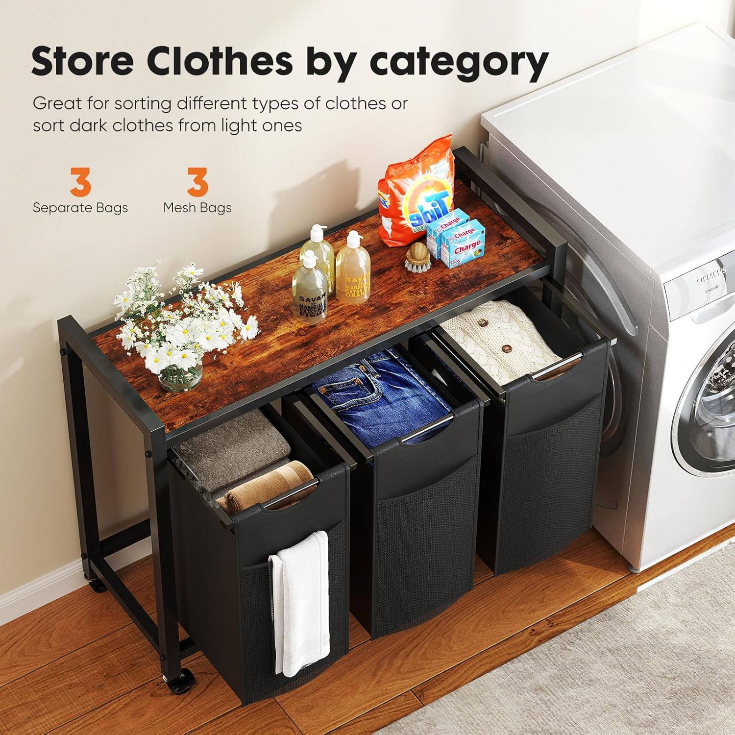 Laundry Hamper with Pull-Out Removable Sorter Bags Large Capacity and Movable Wheels,Freestanding Clothes Basket Organizer for Bathroom