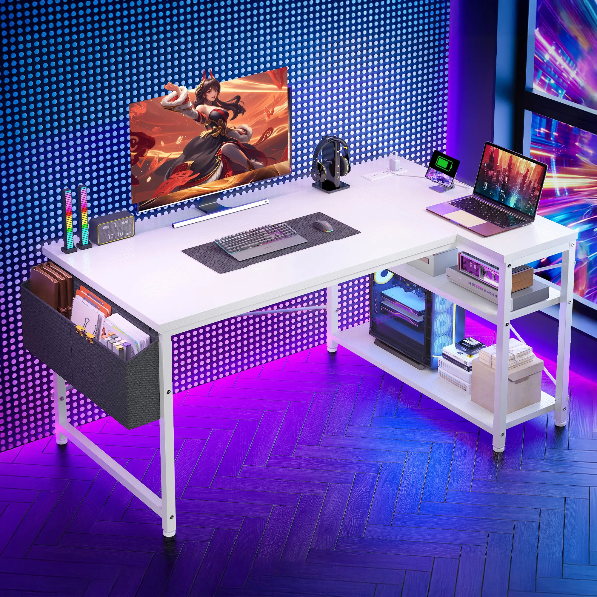 【Back to School】Raybee 39''/47'' Gaming Desk L Shaped Computer desk with storage & Power Outlets USB for Home Office & Bedroom,Easy Assemble and Space-Saving,Gaming Equipment