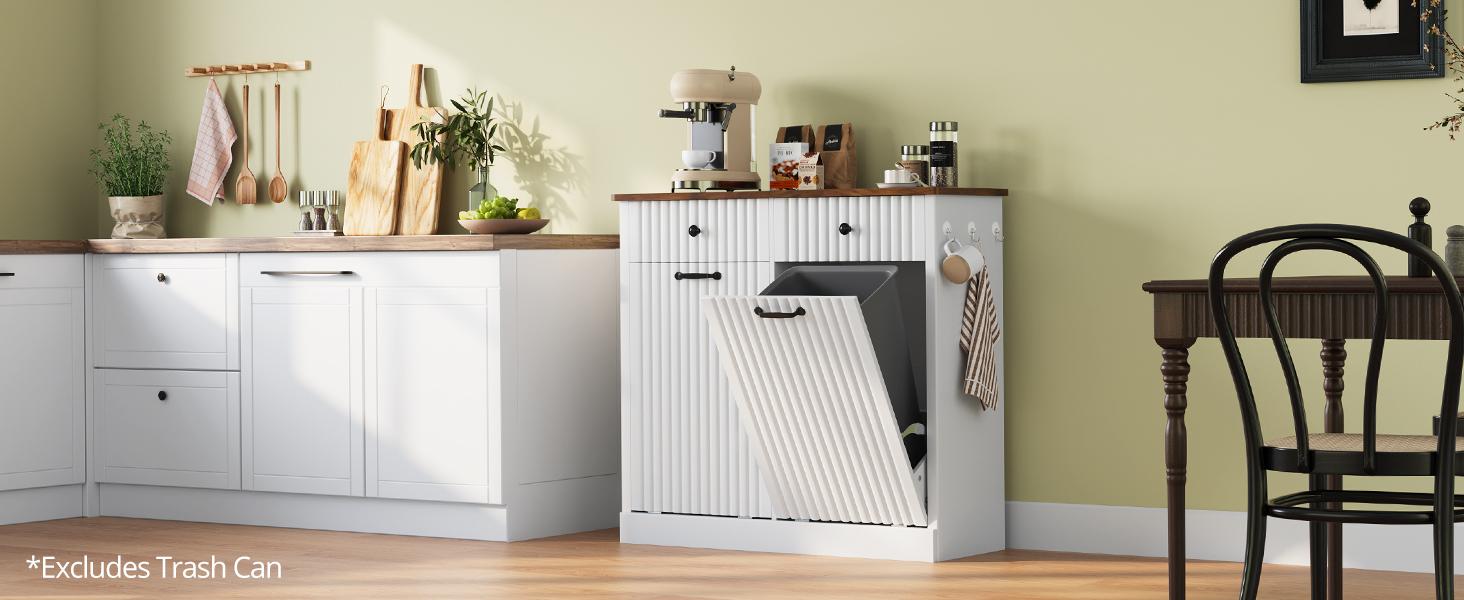 Double Tilt Out Trash Can Cabinet, 20 Gallon Fluted Laundry Hamper Cabinet with 2 Drawers, Wooden Hidden Garbage Can Cabinets for Kitchen, Living Room, Without Trash Bin or Laundry Hamper,Black