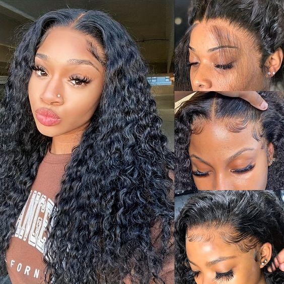 Bling Hair Natural Color 13x6 Deep Wave Lace Frontal Wig Water Wave Human Hair Wigs For Women 180Density Transparent Lace 13x4 Deep Wave Wig Brazilian Pre Plucked Hair Wig