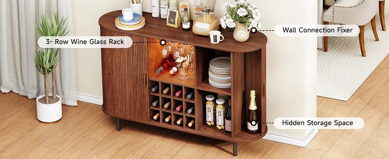 【Valentine's Day gift & Sliding Doors Design】ONBRILL 40/55/63" Gorgeous Fluted Buffet Cabinet, Coner Coffee Bar With Storage,  Mid Century Modern Sideboard with Adjustable Shelf, Accent Wood Console Table for Kitchen Entryway Living Room Furniture