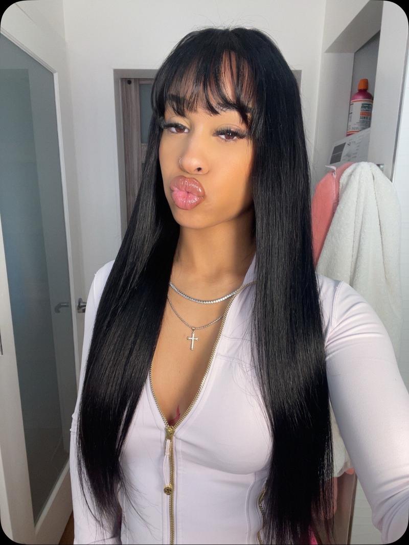 [New In]Mamushow Straight Wigs with Bangs Human Hair 2x4 Lace Wig with Drawstring 180% Density Middle Part for Black Women Glueless Machine Made Wigs