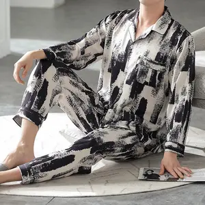 Men's striped satin ice silk suit, spring and autumn cardigan pajamas two-piece set, summer new casual loungewear can be worn outside, fashionable men's long-sleeved trousers clothes, straight thin men's pajamas