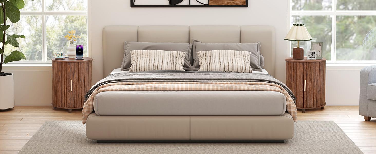 Giratree Fluted Round End Table with Charging Station, Farmhouse Small Sofa Side Table with Sliding Tambour Door & Storage, Mid-Century Wood Fulted Nightstands for Living Room, Bedroom