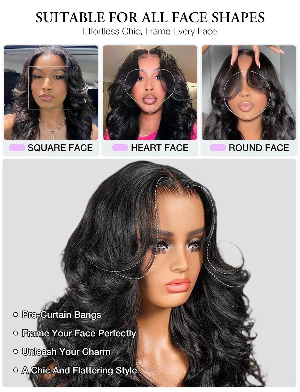 Curtain Bangs Body Wave Human Hair Wig 220% Density 13x4 8x5 HD Lace Front Wigs with Pre Bleached Knots #tiktokshopblackfriday