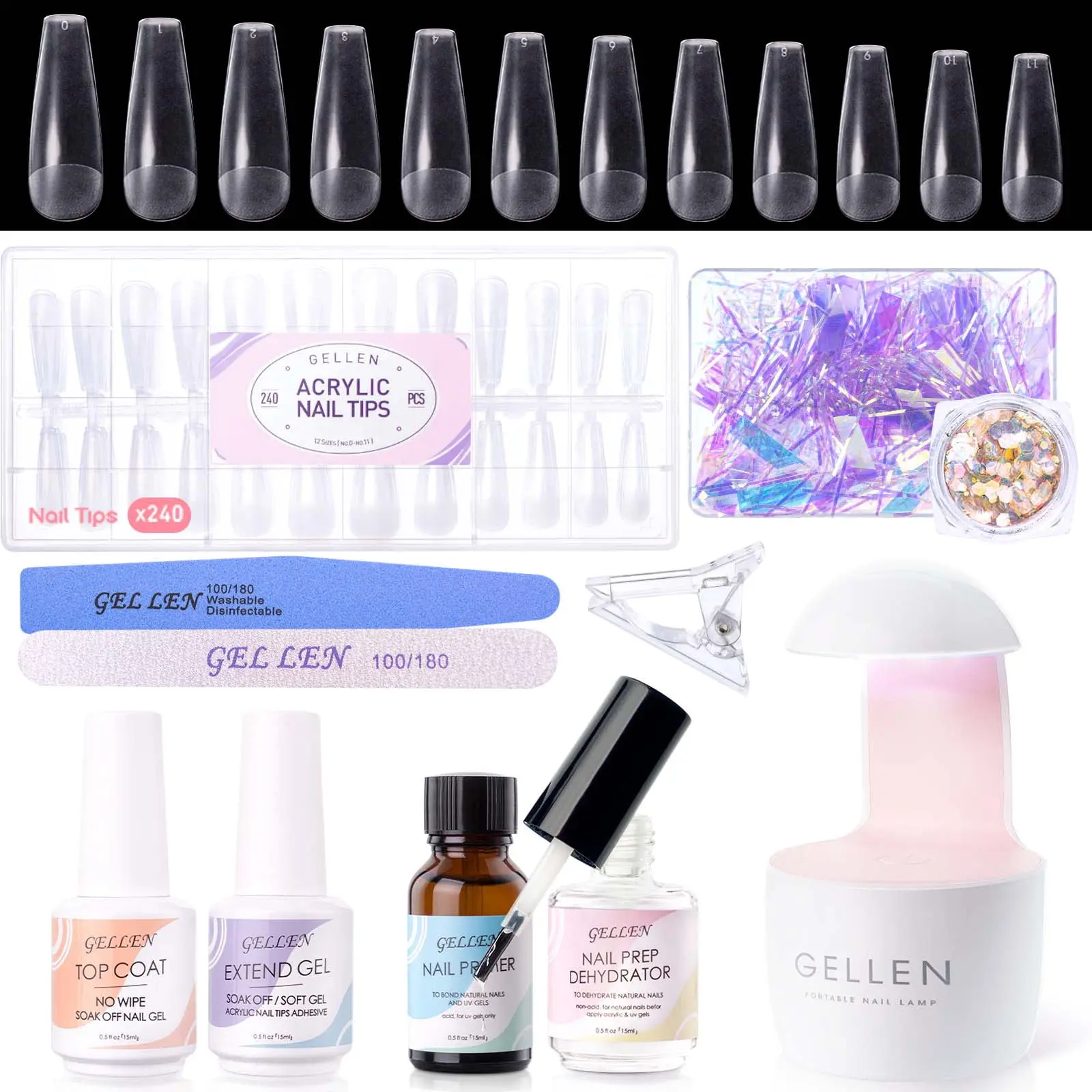 Gel Nail Kit, Nail Tips and Glue Gel Kit with Base & Top Coat & 5 In 1 Nail Glue Gel, 240Pcs Full Matte Coffin Fake Nails Tips and UV Nail Lamp, Fast False Nails Extension Manicure Set