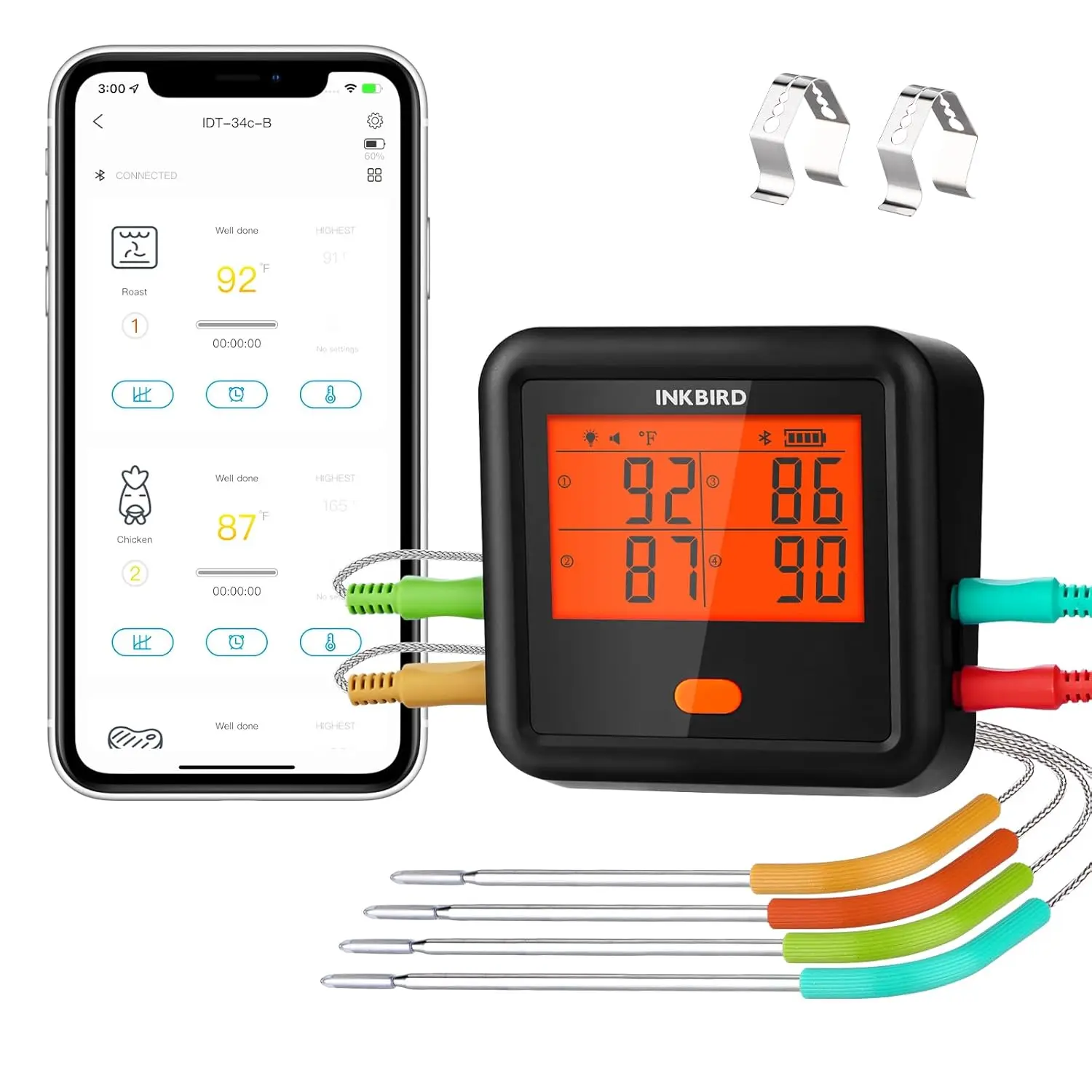 INKBIRD Wireless 4-Probe Bluetooth Smart LCD Thermometer - Plastic Kitchen Gadget, LED Display, APP Timer, Waterproof Meat Thermometer for Grilling, Cooking